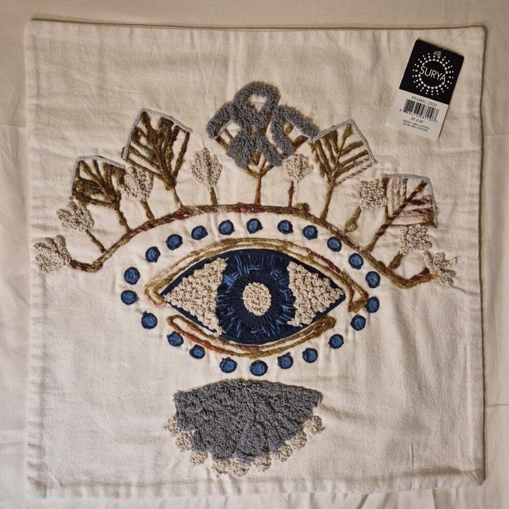 Surya Embroidered Gods Eye 100% Cotton Pillow Cover 20x20 Cream. zipper closure.